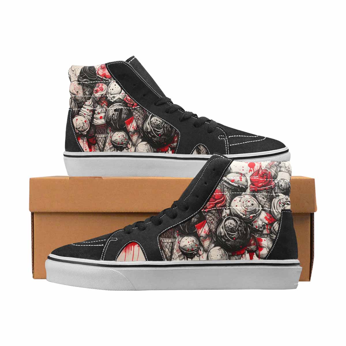 WOMEN'S Ice Cream Black & Red Ink High Top Canvas Wearable Art Grunge Custom Sneakers