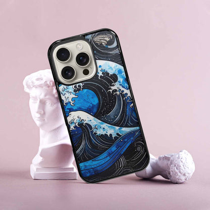 iPhone 16 Pro Case — Nautical Wave Black Blue Ink Wave, Custom Print Case Cover
