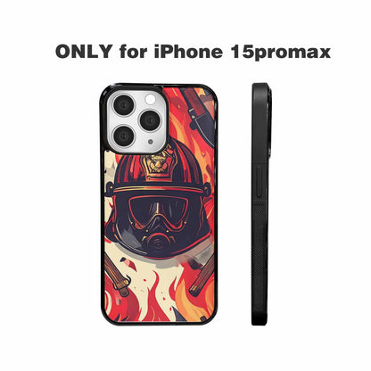 iPhone 15 Pro Max Case — Firefighter Pattern Flames Axes Helmets Seamless, Custom Phone Case