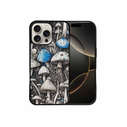 iPhone 16 Pro Max Case — Mushrooms General Black Blue Ink Mushrooms, Custom Designed Case Cover