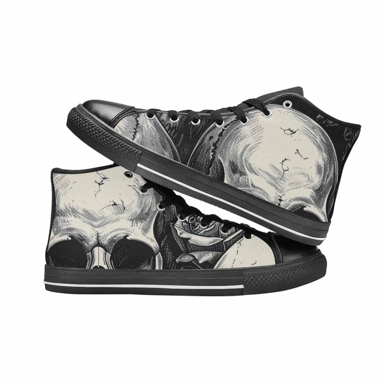 WOMEN'S Skulls Roses Black Ink High Top Canvas Wallpaper Art Shoes