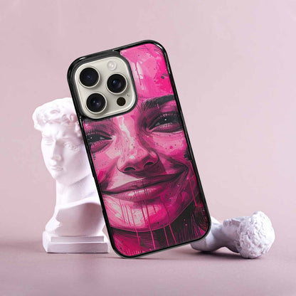 iPhone 16 Pro Case — Melting Moon Smiley Black Pink Ink, Customized Protective Case