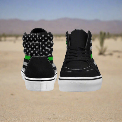 Custom Men's Thin Green Line Flag Themed high-top canvas shoes with bold all-over art — Freaky Shoes