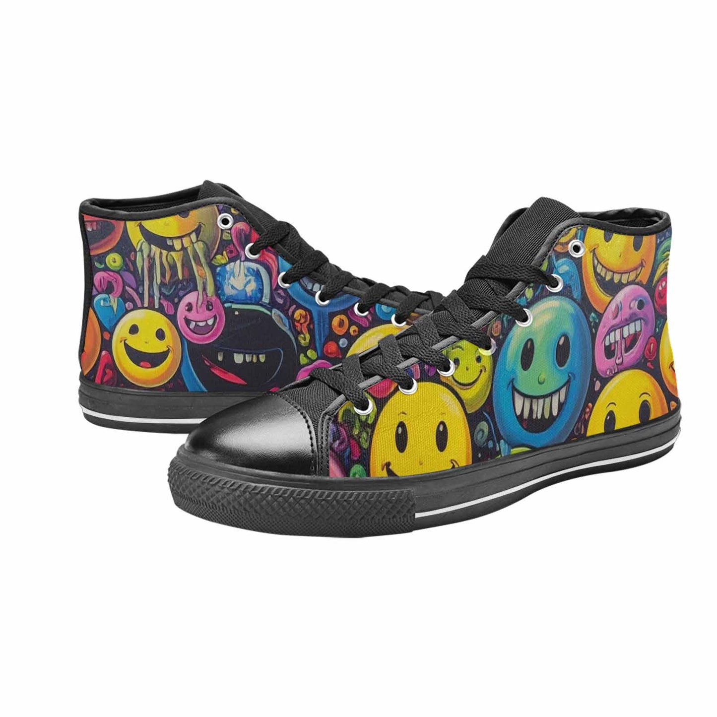 WOMEN'S Yellow Smiley Face High Top Canvas Neon Fantasy Sneakers