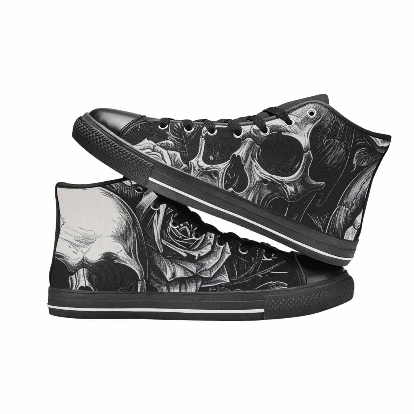 MEN'S Skulls Roses Black Ink High Top Canvas Neon Fantasy Custom Sneakers