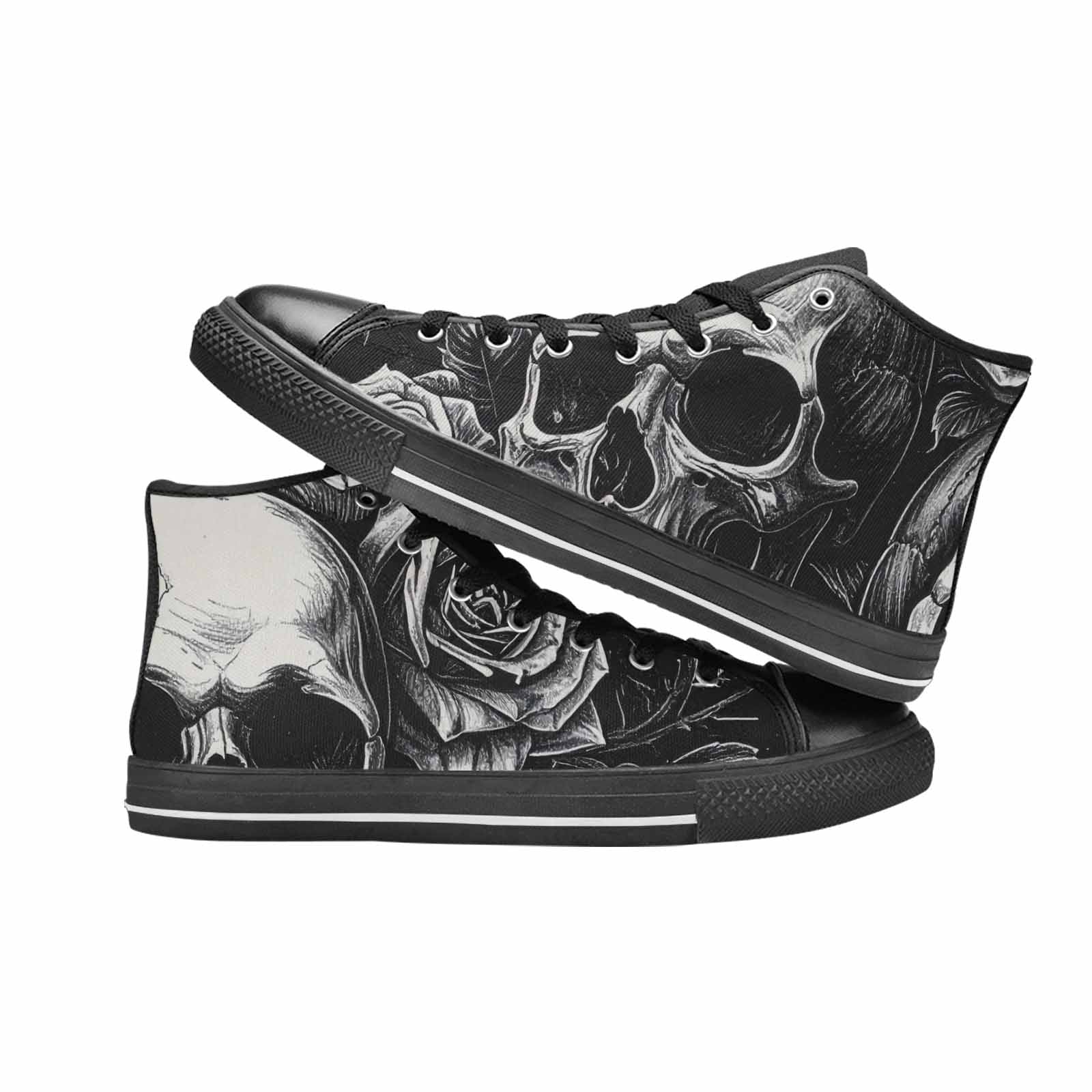 MEN'S Skulls Roses Black Ink High Top Canvas Neon Fantasy Custom Sneakers