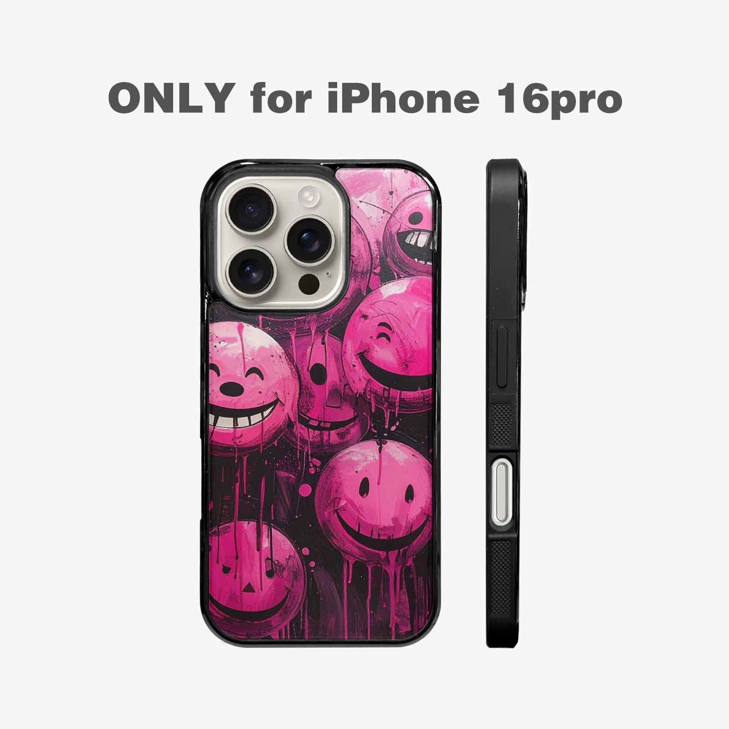 iPhone 16 Pro Case — Melting Moon Smiley Black Pink Ink, Custom Art Phone Cover