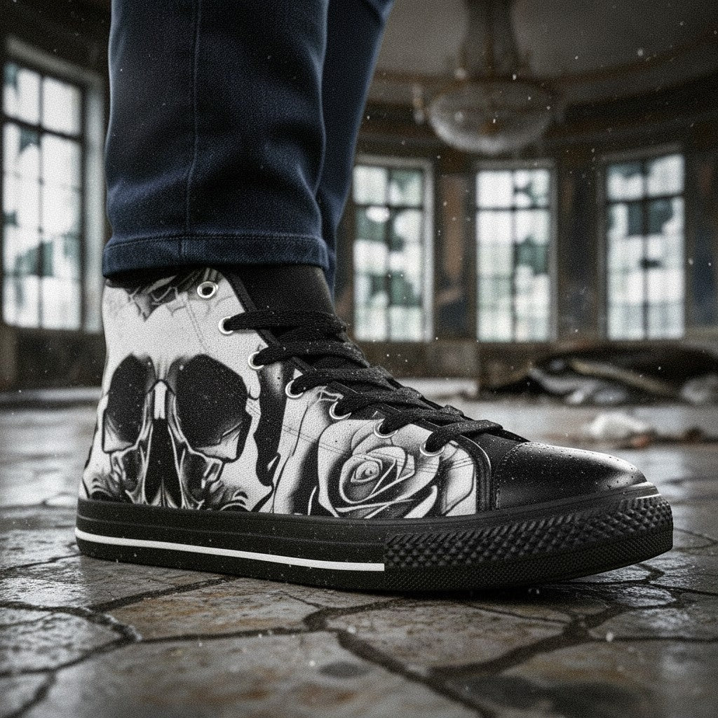 Women's Grey Skull & Roses Black & White high-top canvas shoes, custom full-wrap printed design — Freaky Shoes