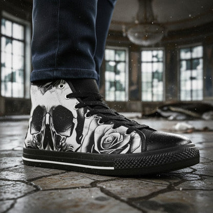 Women's Grey Skull & Roses Black & White high-top canvas shoes, custom full-wrap printed design — Freaky Shoes