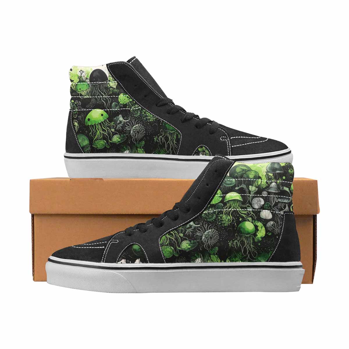 WOMEN'S Sea Creatures Black & Green Ink High Top Canvas Graphic Print Vivid Custom Streetwear Shoes