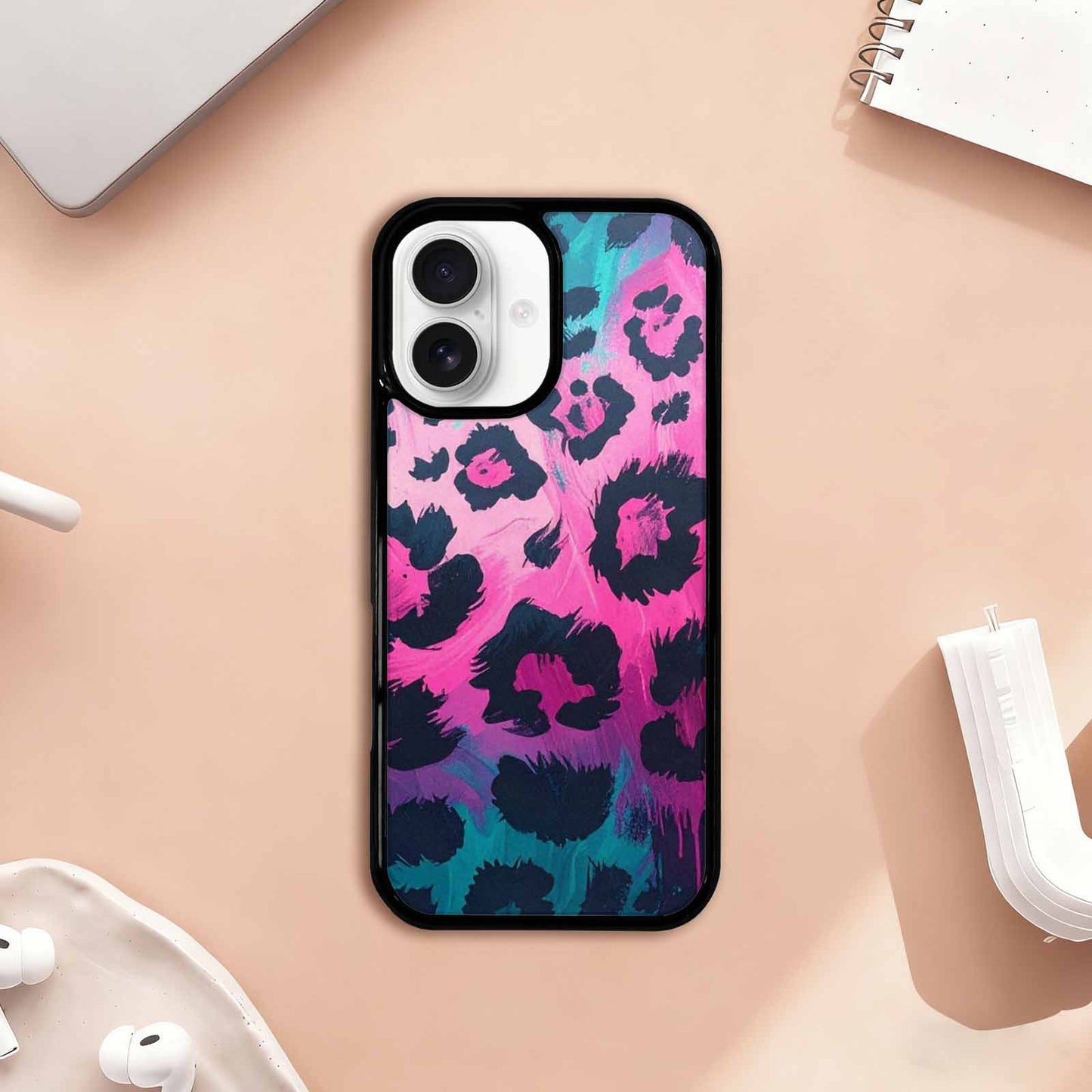 iPhone 17 Case — Leopard Neon Pink Teal Airbrush Animal, Custom Printed Phone Case