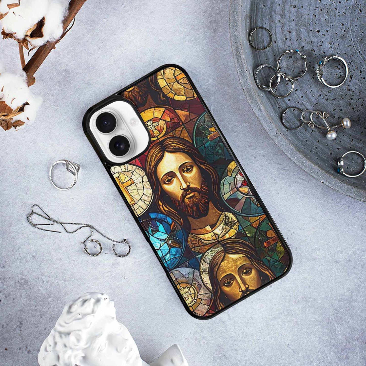 iPhone 16 Plus Case — Jesus Face Small Cross And Faith, Custom Print Case Cover