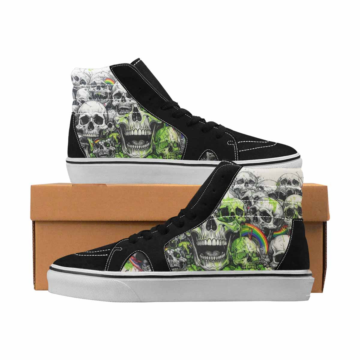 MEN'S Skulls Black & Green Ink High Top Canvas Streetwear Melting Art Custom Printed Shoes