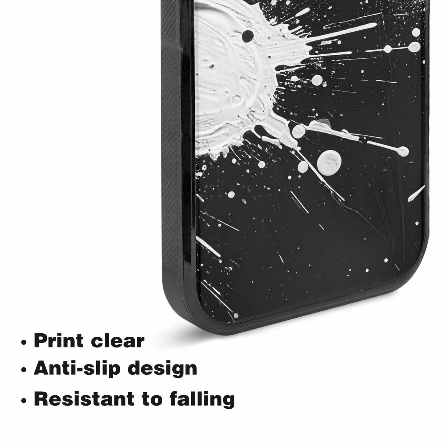iPhone 15 Case — White Ink Splatter Texture On Black, Custom Art Phone Cover