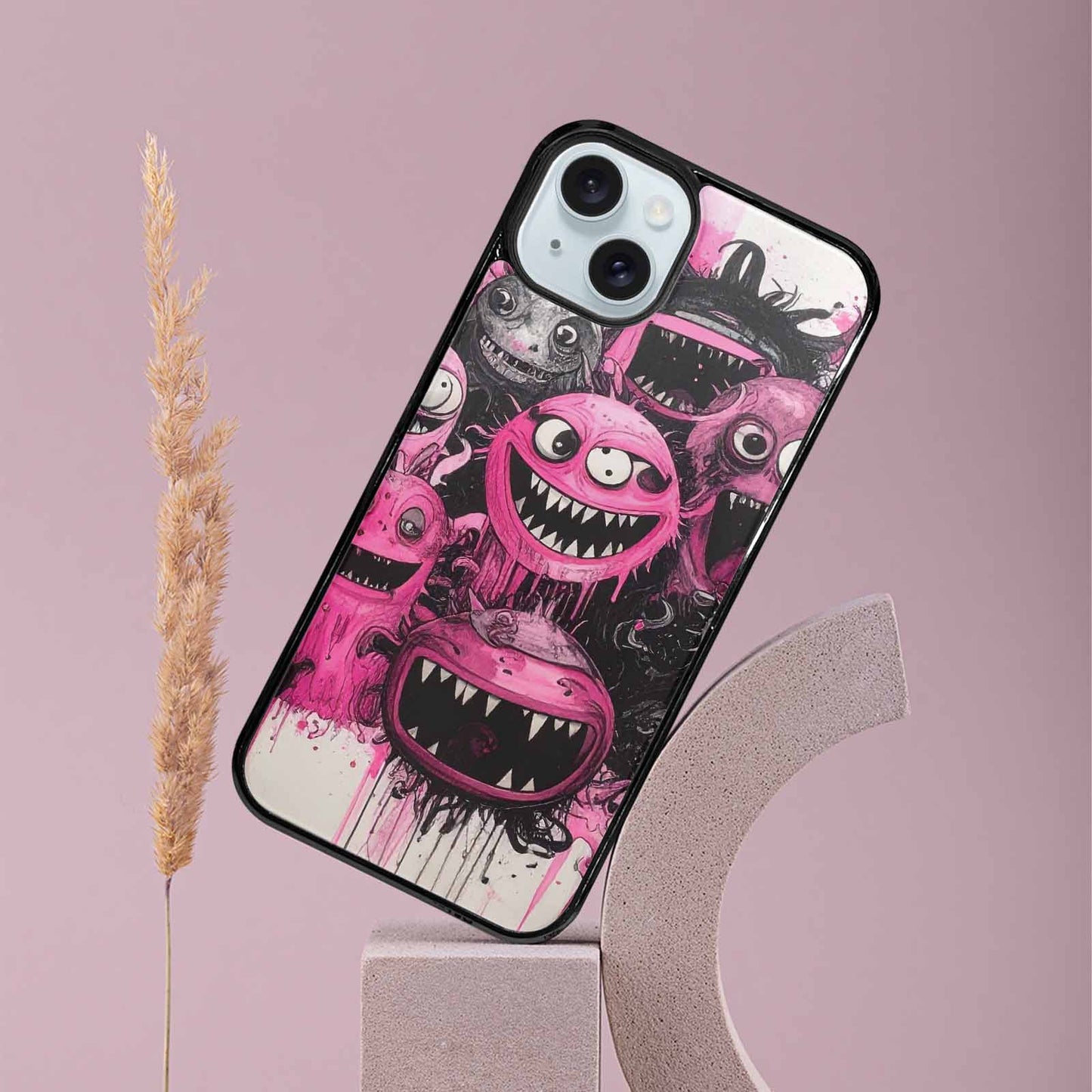 iPhone 15 Plus Case — Monsters General Black Pink Ink Cartoon, Custom Art Phone Cover