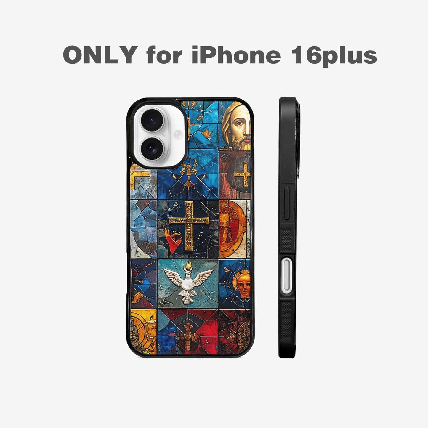 iPhone 16 Plus Case — Jesus Face Small Cross And Faith, Custom Printed Phone Case