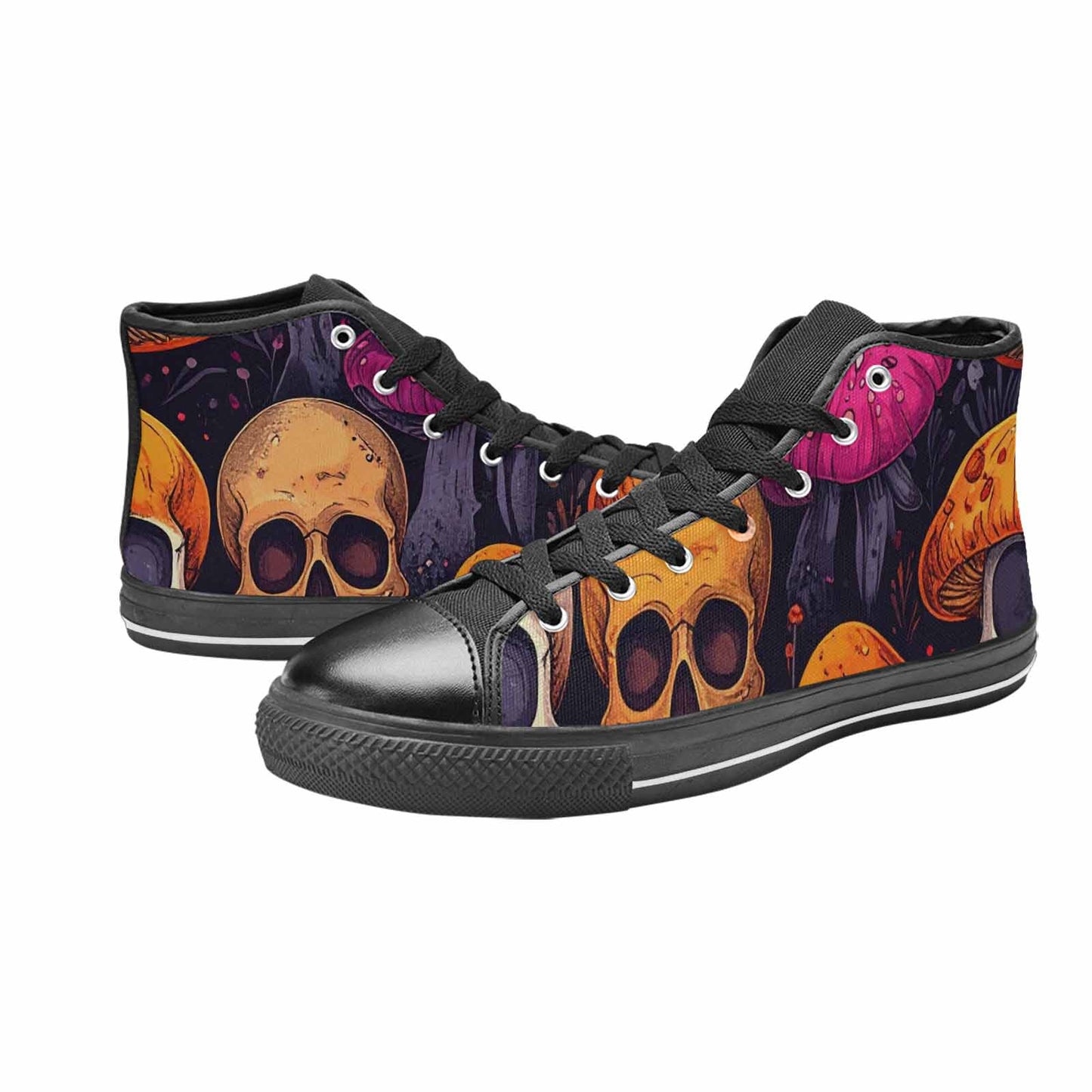 WOMEN'S Mushroom Skulls High Top Canvas Neon Fantasy Sneakers