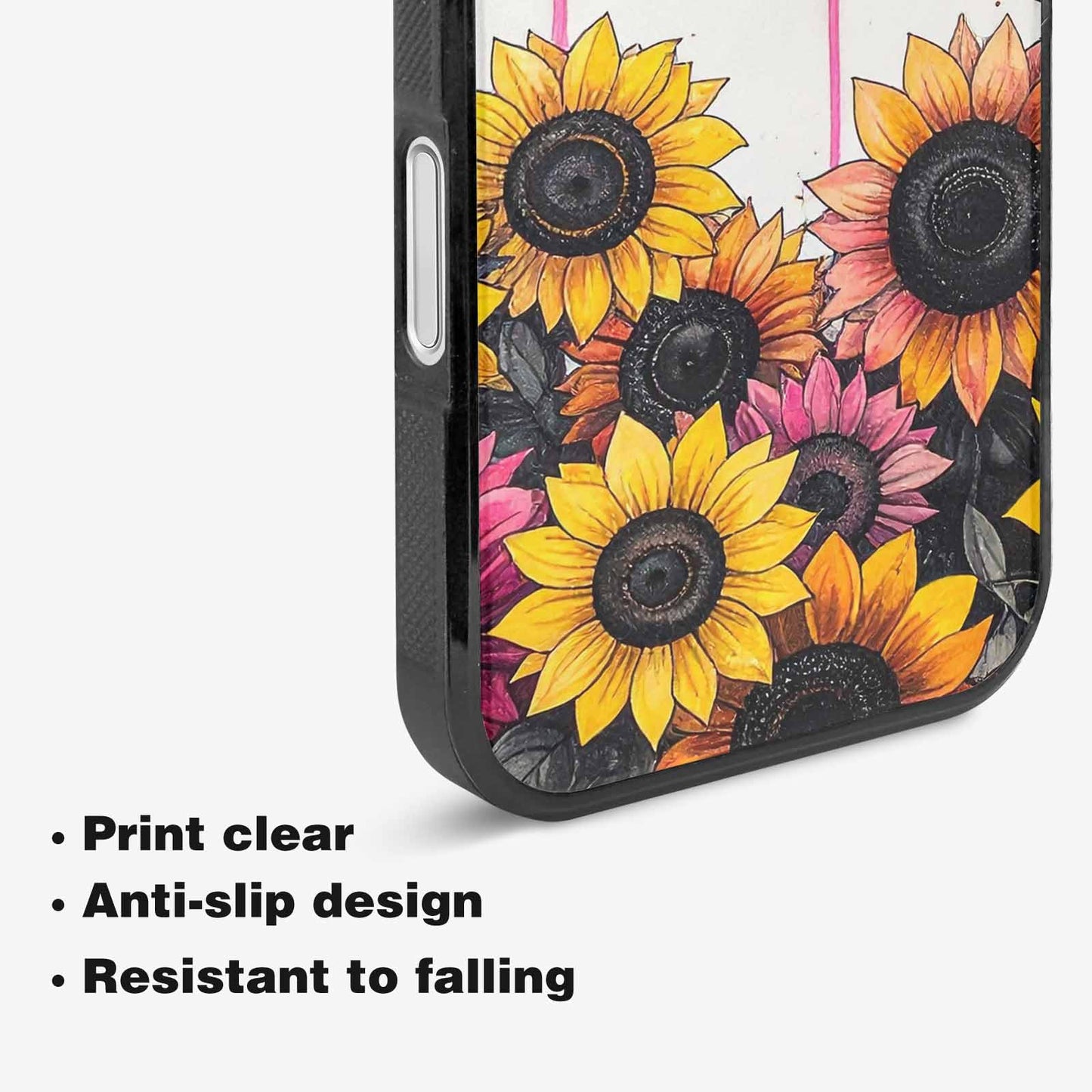 iPhone 16 Case — Sunflower Burst Black Pink Ink Sunflowers, Custom Printed Phone Case