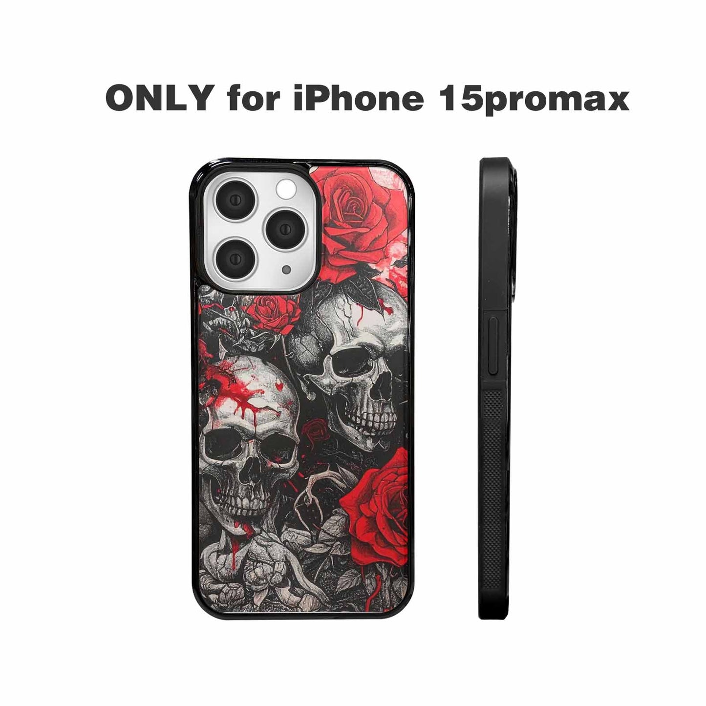 iPhone 15 Pro Max Case — Skull And Roses Black Red Ink, Custom Phone Case