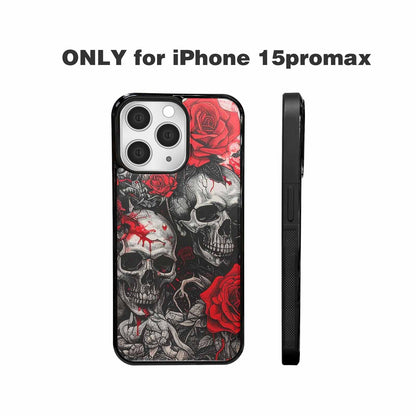 iPhone 15 Pro Max Case — Skull And Roses Black Red Ink, Custom Phone Case