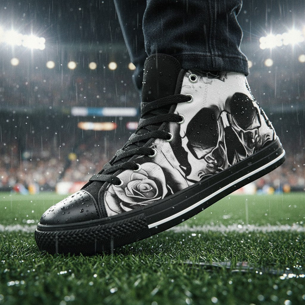 Women's Grey Skull & Roses Black & White high-top canvas shoes — one-of-a-kind custom printed art, Freaky Shoes