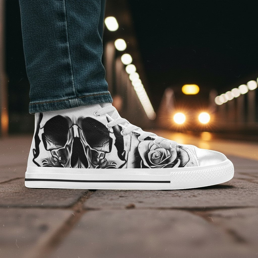 Men's Grey Skull & Roses Black & White high-top canvas shoes, custom full-wrap printed design — Freaky Shoes