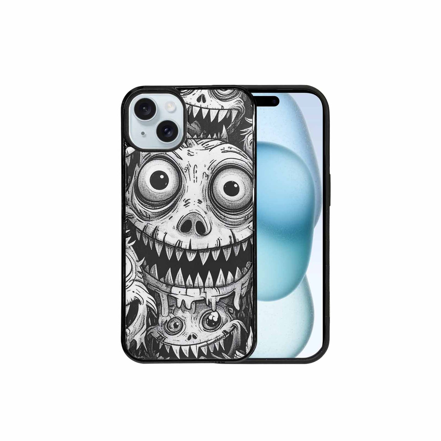 iPhone 15 Plus Case — Black And White Monster Face Collage, Custom Phone Case
