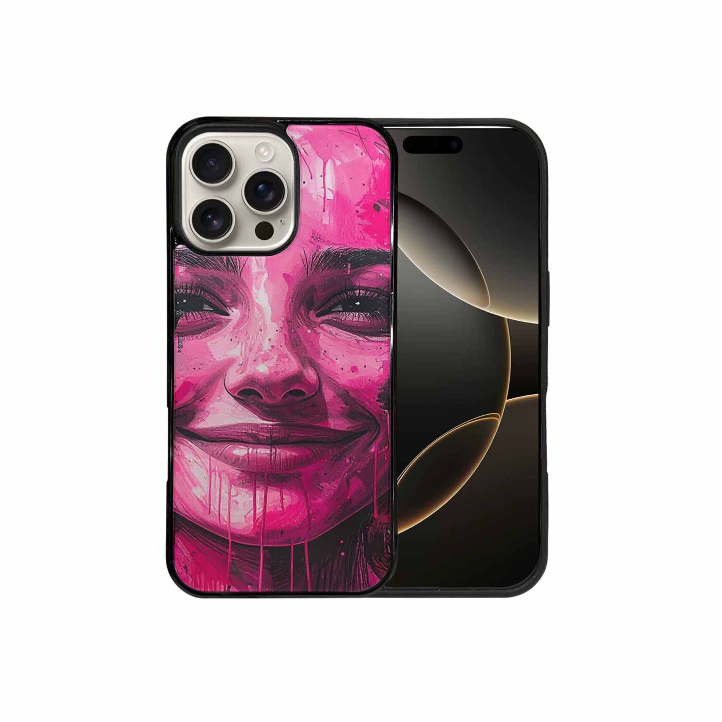 iPhone 16 Pro Max Case — Melting Moon Smiley Black Pink Ink, Custom Designed Case Cover