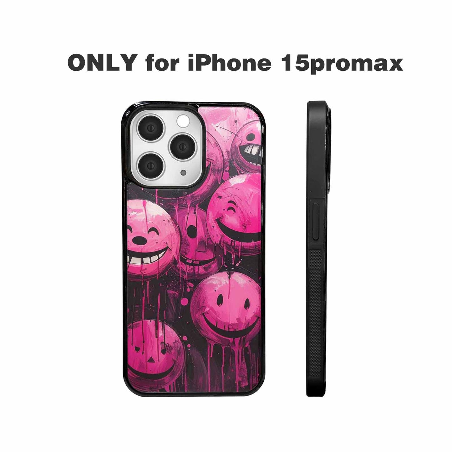 iPhone 15 Pro Max Case — Melting Moon Smiley Black Pink Ink, Personalized Phone Case