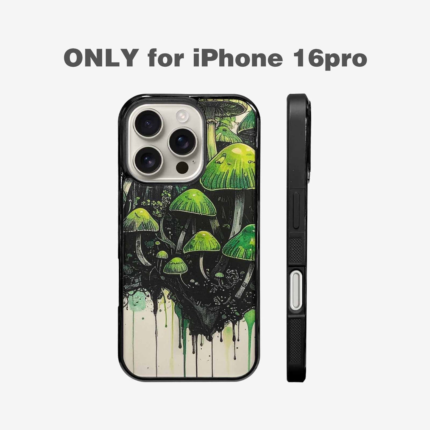 iPhone 16 Pro Case — Rainbow Drip Mushrooms Black Green Ink, Custom Print Case Cover