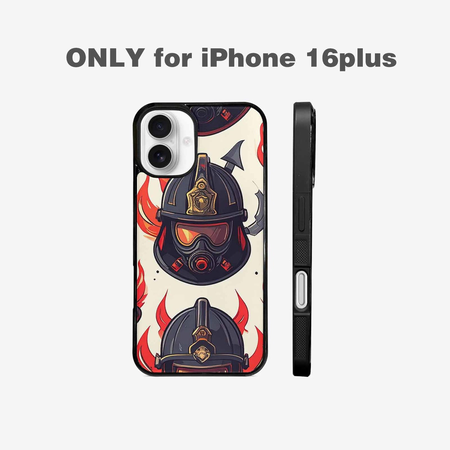 iPhone 16 Plus Case — Firefighter Pattern Flames Axes Helmets Seamless, Unique Phone Case Design