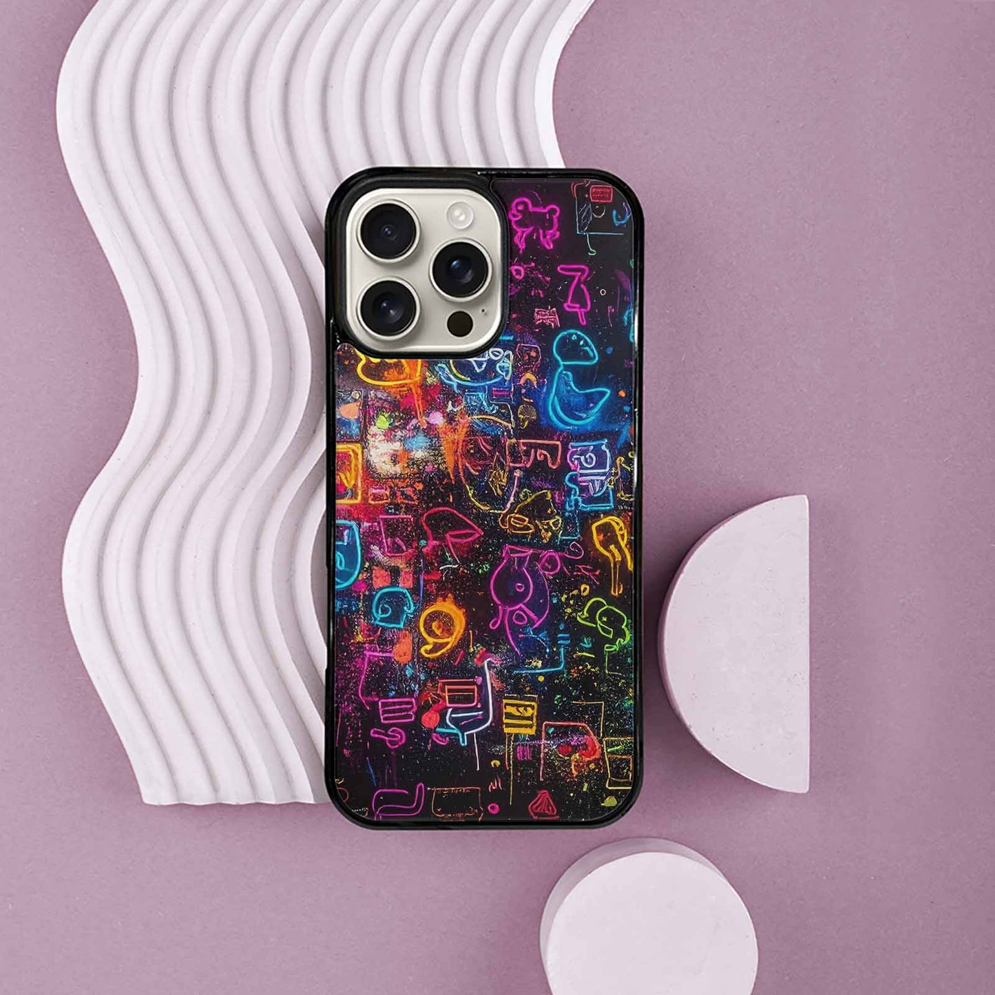 iPhone 16 Pro Max Case — Neon Glow Outline Icon Pattern Hundreds, Custom Phone Case