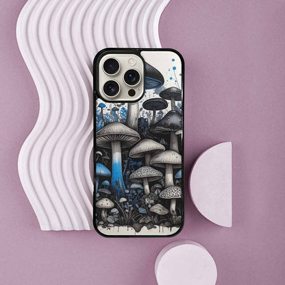 iPhone 16 Pro Max Case — Mushrooms General Black Blue Ink Mushrooms, Custom Printed Phone Case
