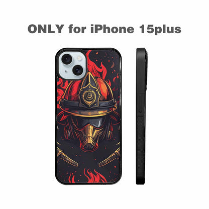iPhone 15 Plus Case — Firefighter Pattern Flames Axes Helmets Seamless, Custom Print Case Cover