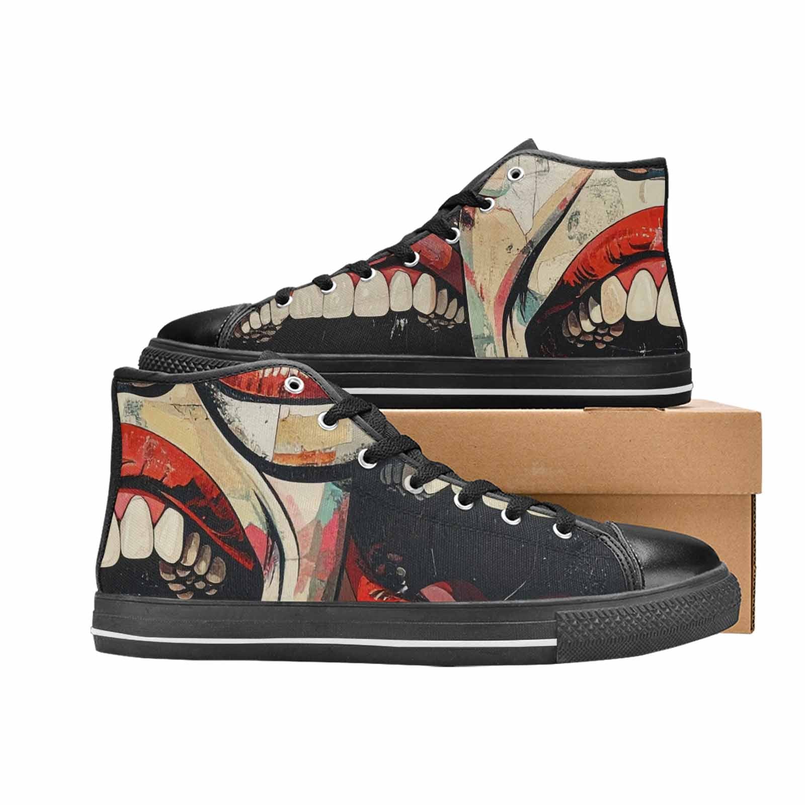 WOMEN'S Googly Cartoon Mouths High Top Canvas Wallpaper Art Sneakers