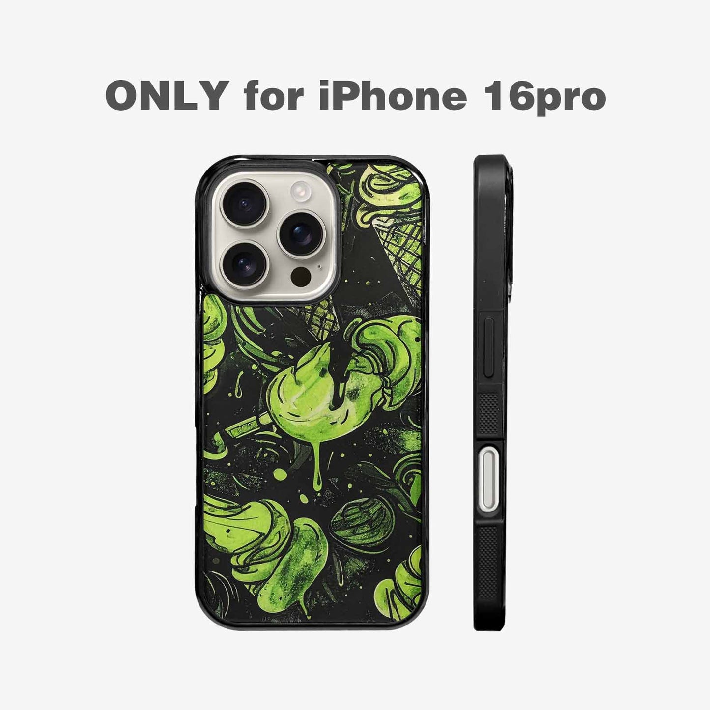 iPhone 16 Pro Case — Ice Cream Motif Black Green Ink, Original Design Phone Case