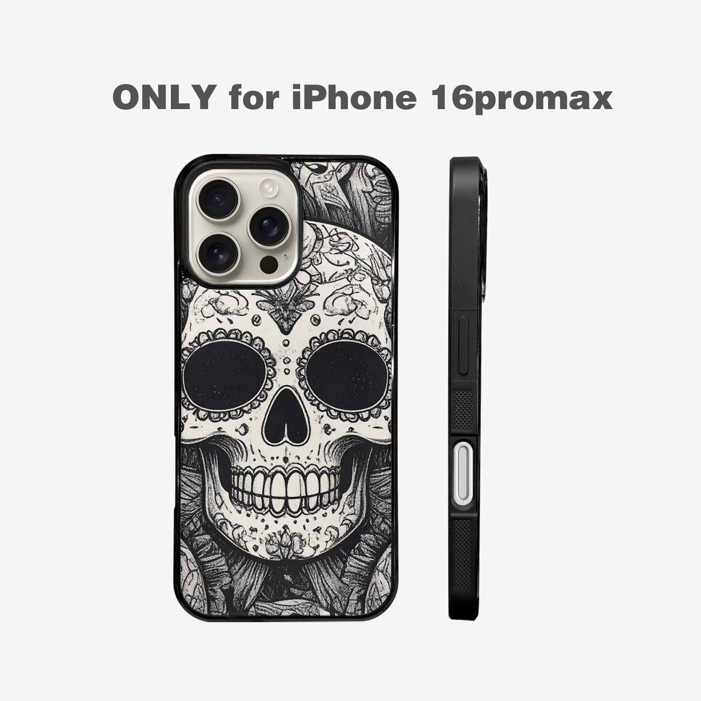 iPhone 16 Pro Max Case — Intricately Detailed Sugar Skulls In Black, Original Design Phone Case