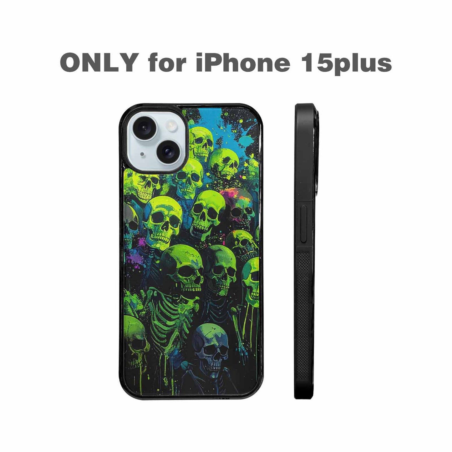 iPhone 15 Plus Case — Skeletons Neon Green Glow Skeletons Pattern, Custom Art Phone Cover