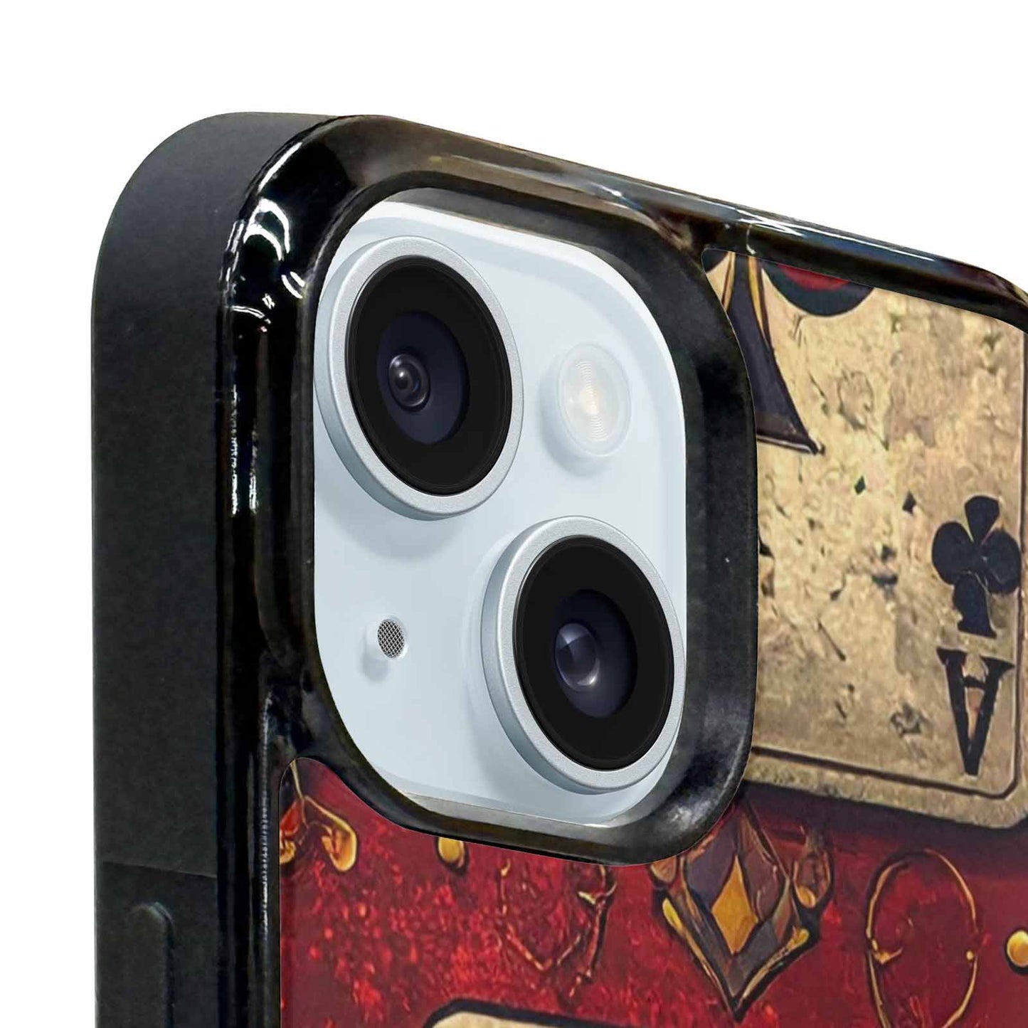 iPhone 15 Plus Case — Playing Card Suits Pattern Poker Chips, Unique Phone Case Design