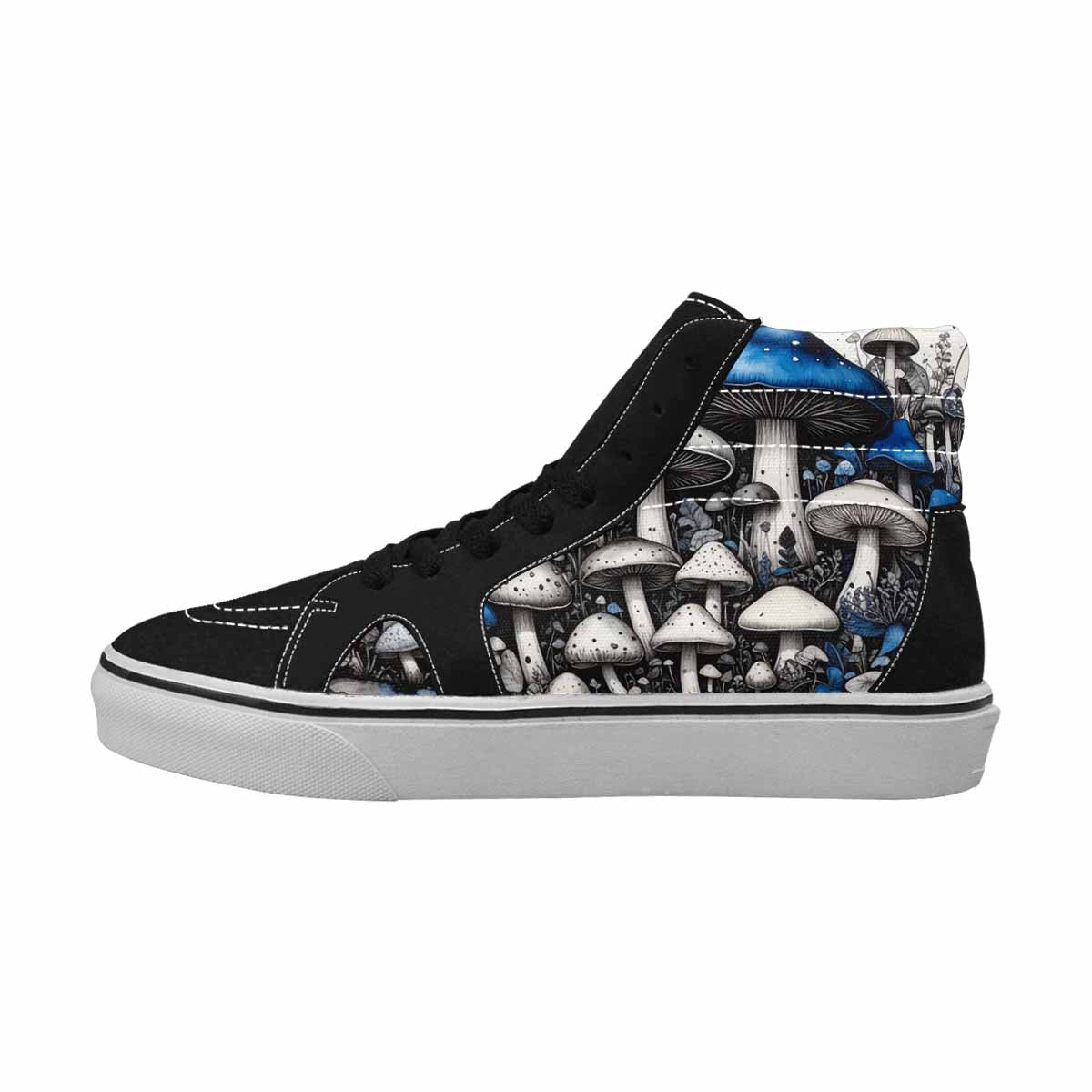 MEN'S Mushrooms Black & Blue Ink High Top Canvas Streetwear Dark Academia Custom Print Sneakers