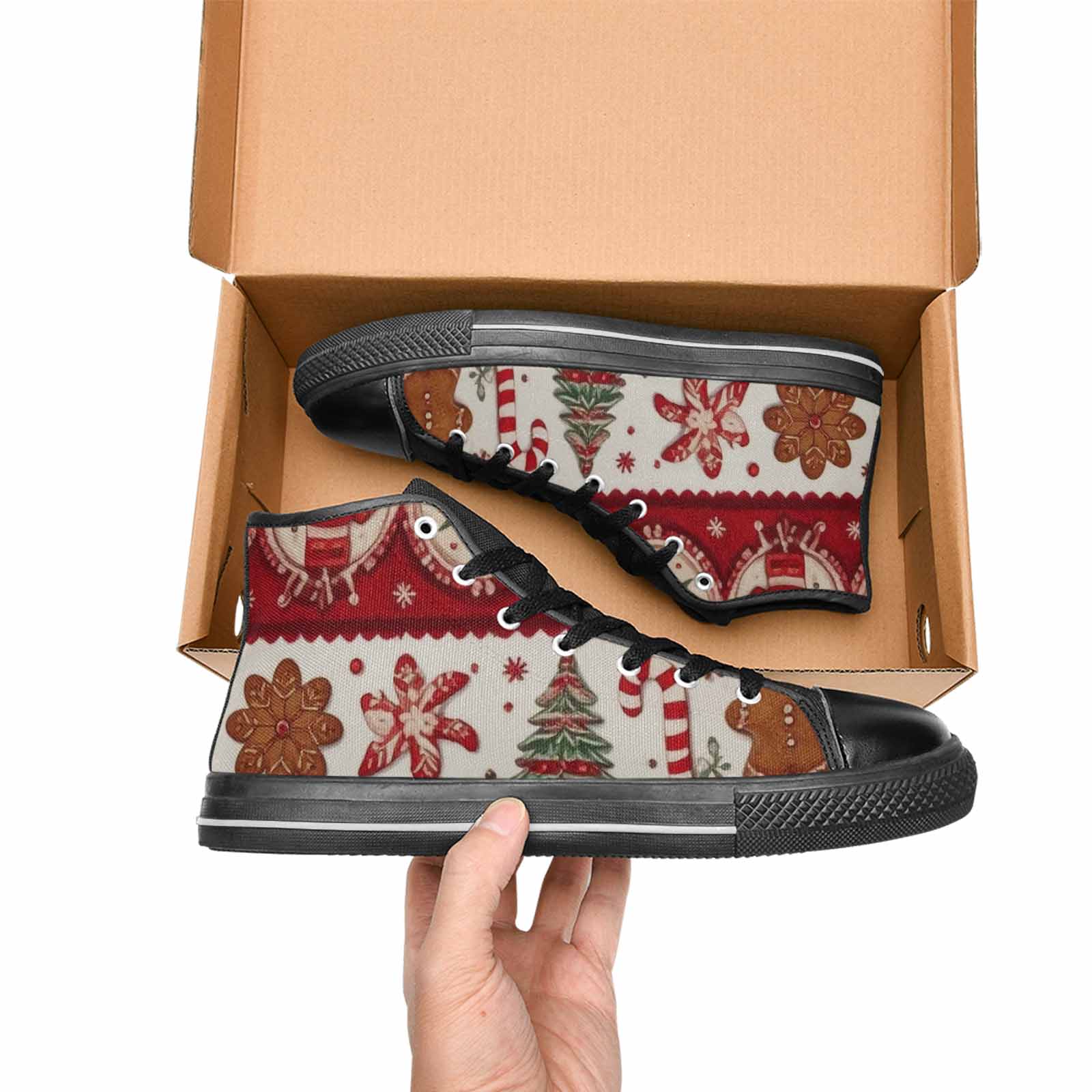 WOMEN'S Christmas Holly Snowflake High Top Canvas Vibrant Chaos Custom Sneakers