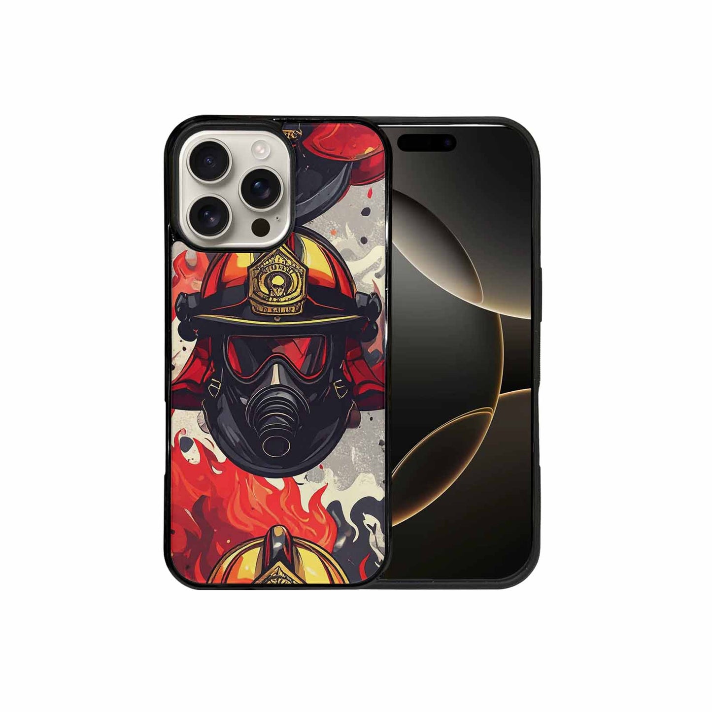 iPhone 16 Pro Max Case — Firefighter Pattern Flames Axes Helmets Seamless, Custom Made Phone Cover