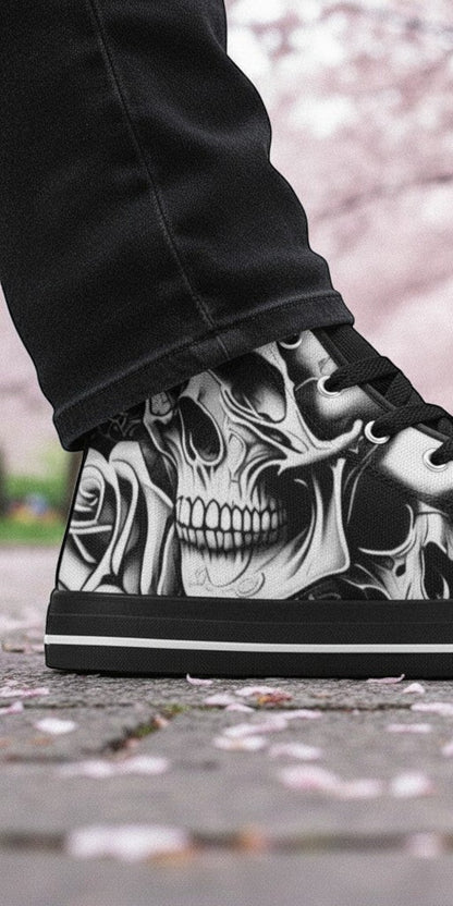 Men's Cartoon Skulls & Roses custom high-top canvas shoes — wearable art by Freaky Shoes