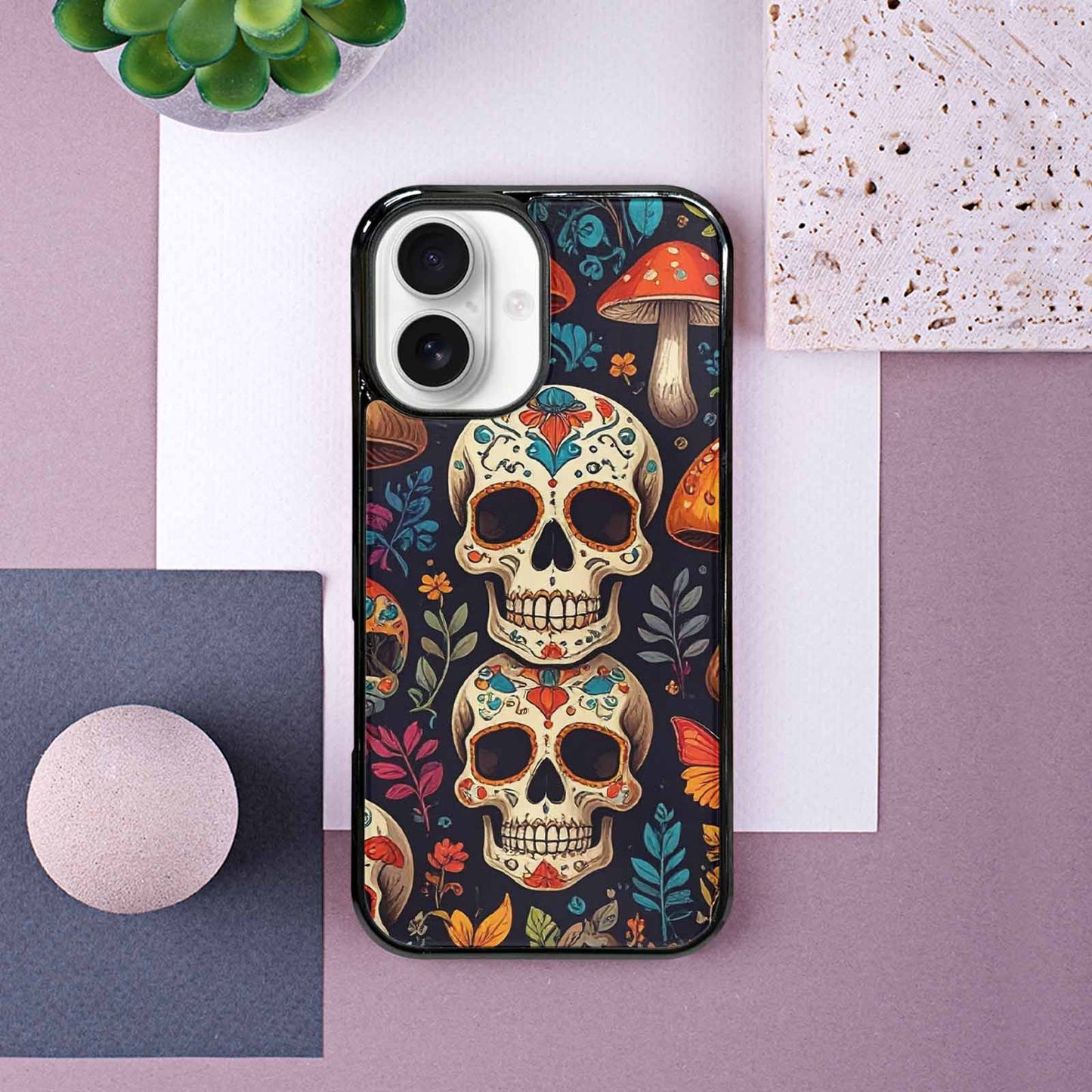 iPhone 16 Case — Mushrooms And Skulls, Custom Phone Case