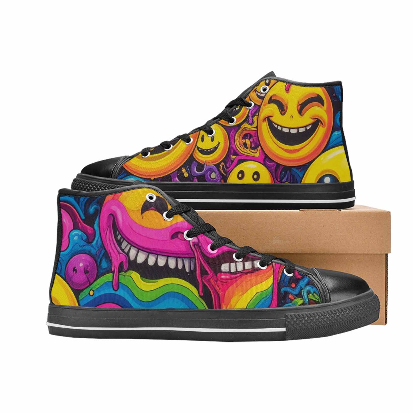 MEN'S Yellow Smiley Face High Top Canvas Grunge Custom Sneakers