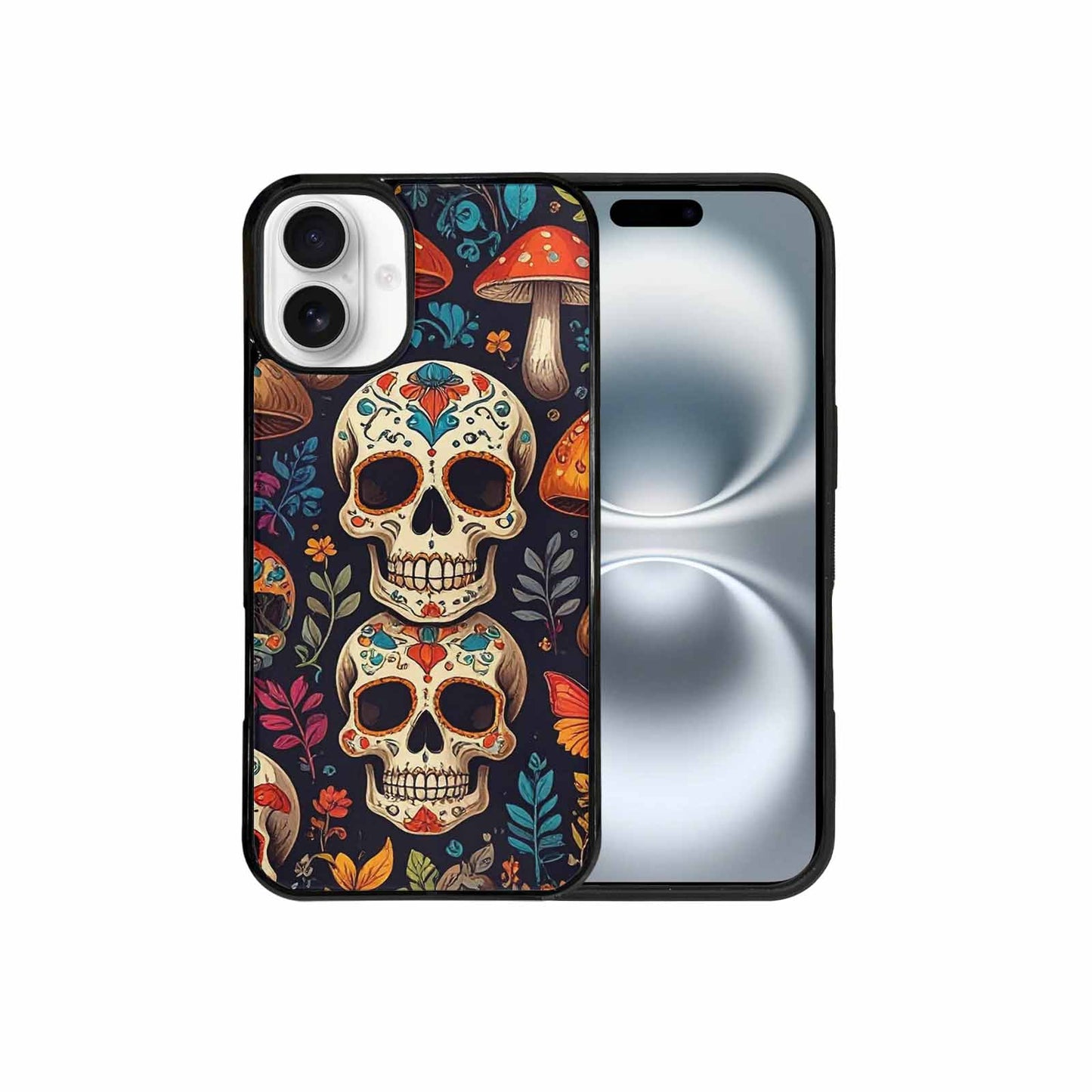 iPhone 16 Plus Case — Mushrooms And Skulls, Custom Made Phone Cover