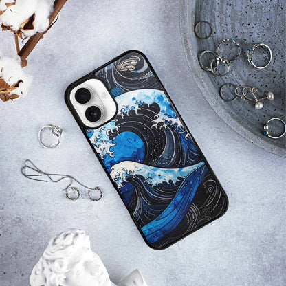 iPhone 16 Plus Case — Nautical Wave Black Blue Ink Wave, Custom Art Phone Cover