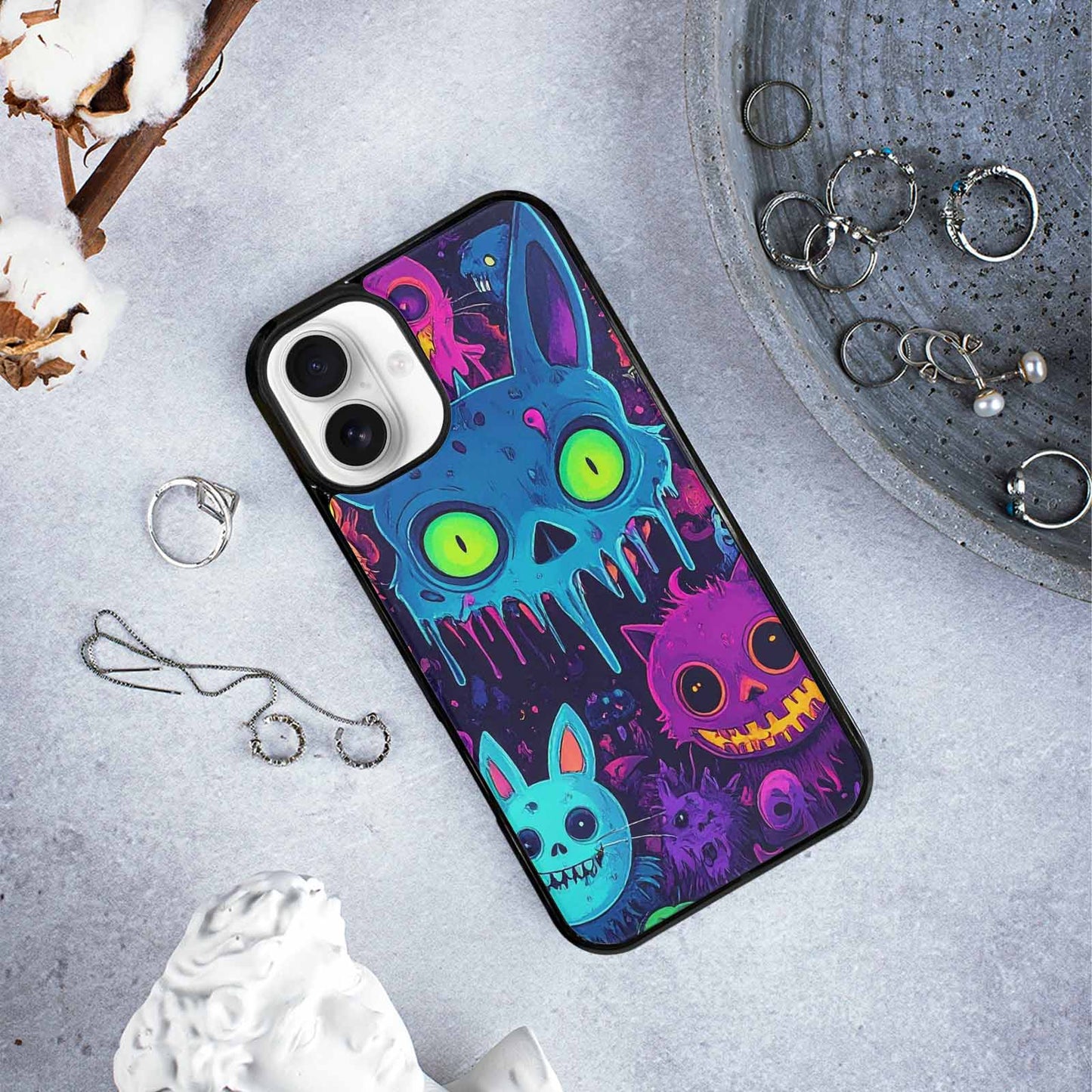iPhone 16 Plus Case — Mixed Toxic Glow Creature Pattern Hundreds, Custom Art Phone Cover