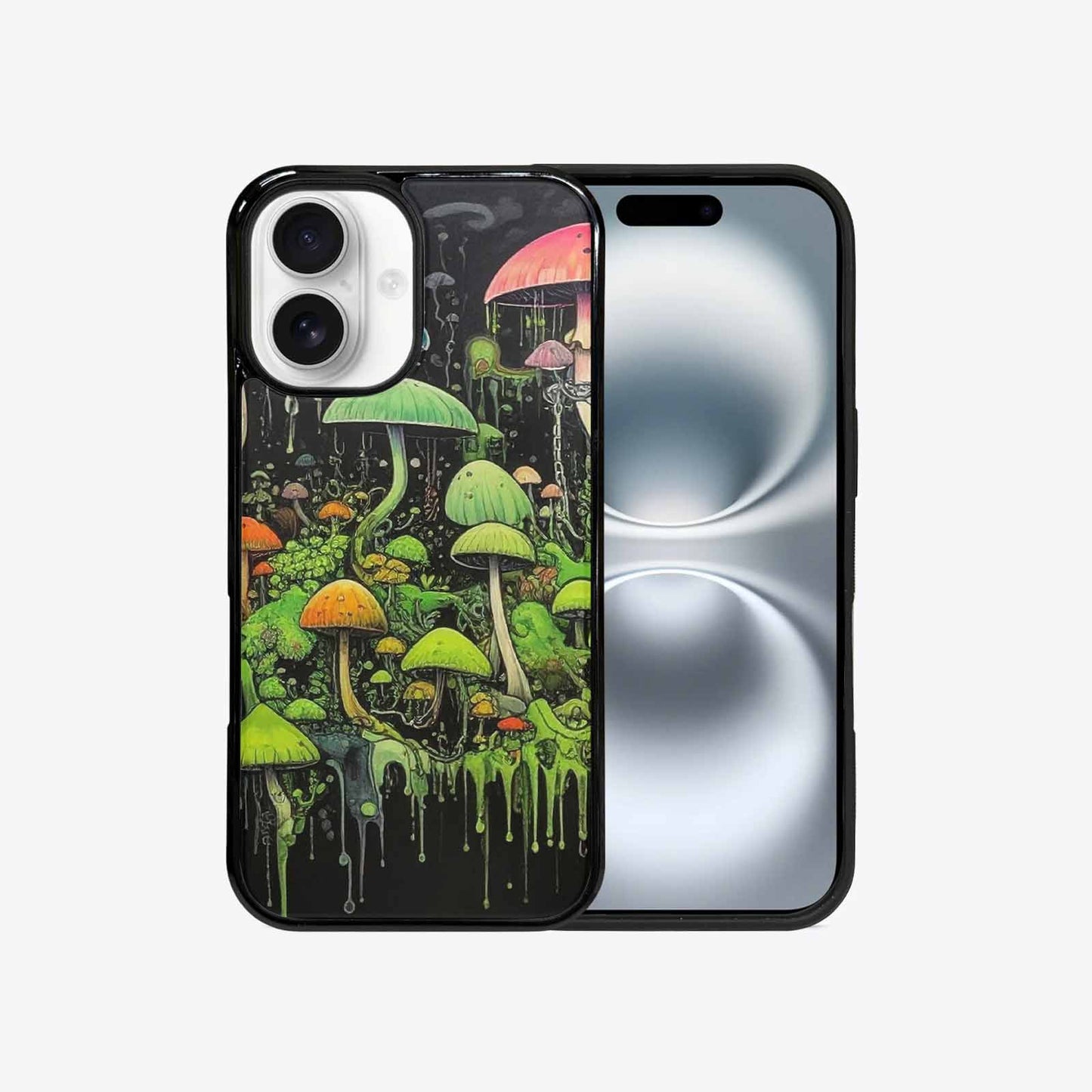 iPhone 16 Case — Rainbow Drip Mushrooms Black Green Ink, Original Design Phone Case