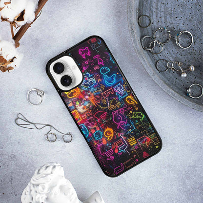 iPhone 16 Plus Case — Neon Glow Outline Icon Pattern Hundreds, Custom Made Phone Cover